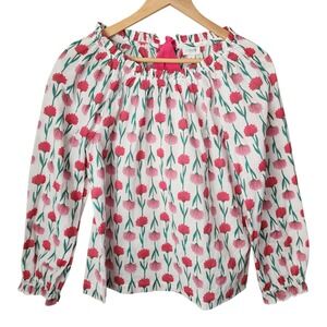 J Crew Floral Cotton Blouse Sz S Tie Back White Pink Long Sleeve Flowers Cute